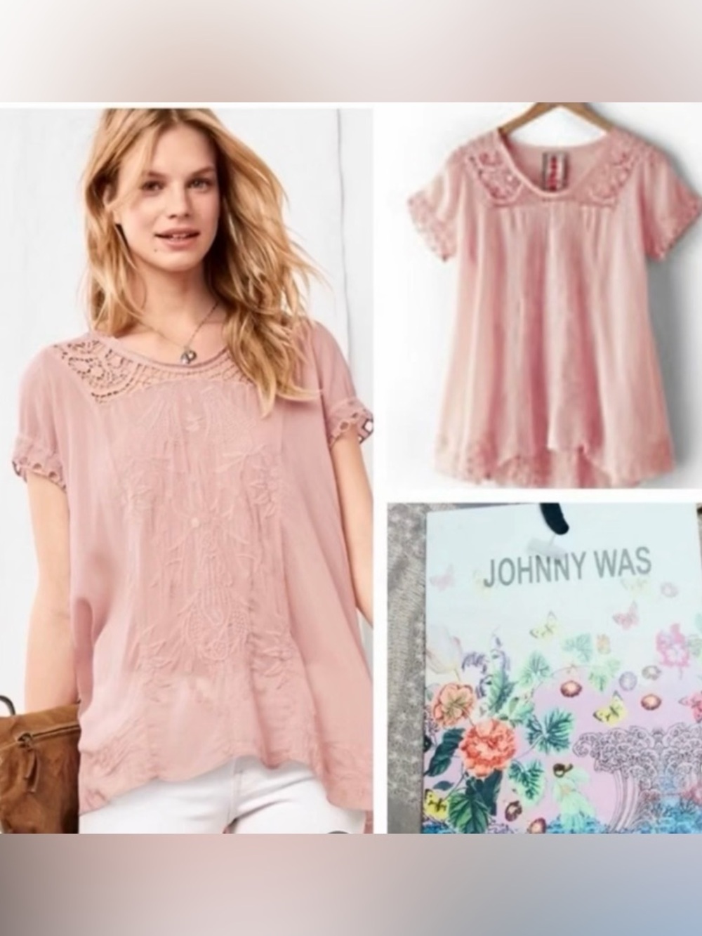 Johnny Was Blush Pink Embroidered Crochet-Yoke Tunic